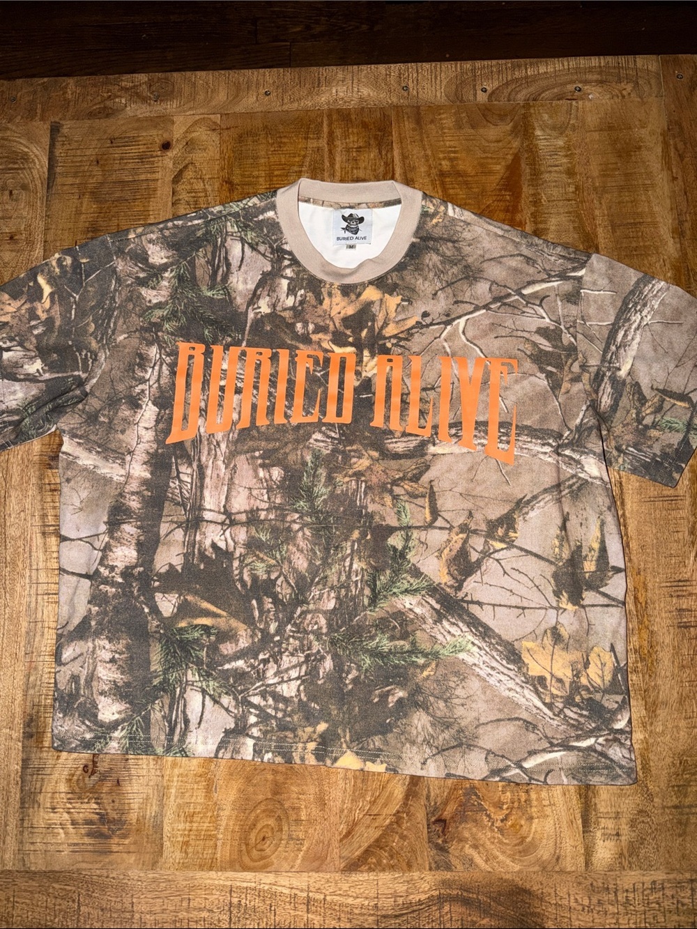 Short-Sleeve Camo Graphic Tee with Orange Text